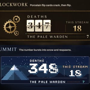 Clockwork and Summit banners mid-death: a crack across porcelain flip cards beside brass gears, and a pixel number respawning in front of a snowy mountain at dusk.