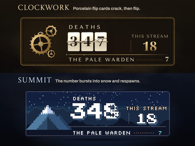 Clockwork and Summit banners mid-death: a crack across porcelain flip cards beside brass gears, and a pixel number respawning in front of a snowy mountain at dusk.