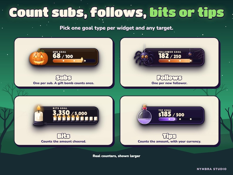 Real goal counters for subs, follows, bits and tips, shown larger.