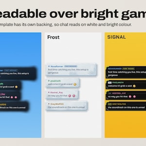 Halo, Frost and Signal chat templates staying readable over bright blue, white and yellow backgrounds.