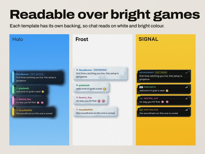 Halo, Frost and Signal chat templates staying readable over bright blue, white and yellow backgrounds.