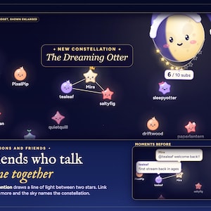 Starlings twitch chat overlay: an @mention draws a line of light between two stars, and three joined stars are named The Dreaming Otter.