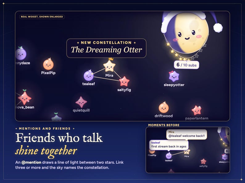 Starlings twitch chat overlay: an @mention draws a line of light between two stars, and three joined stars are named The Dreaming Otter.