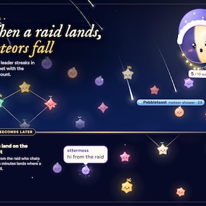 Starlings twitch chat overlay raid alert: the raid leader's comet and a meteor shower across the sky, then raiders landing on the stardust.