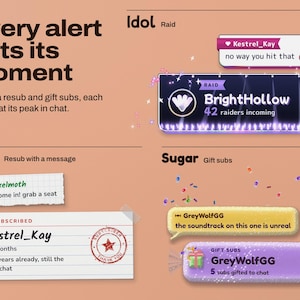 Chorus chat widget alerts at full size on a peach background: an Idol raid alert from BrightHollow with 42 raiders and a floor of purple penlights, a Paper resub card for Kestrel_Kay at 14 months with a red Subscriber stamp, and a Sugar gift subs bonbon from GreyWolfGG under falling sweets, each below the chat message before it.