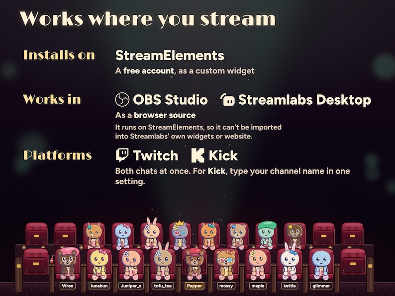 Where Seatlings works: installs on a free StreamElements account as a custom widget, shows in OBS Studio and Streamlabs Desktop as a browser source, and seats Twitch and Kick chat at once.