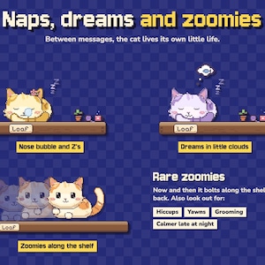 Może przedstawiać: Grafika pixel art zatytułowana Naps, dreams and zoomies przedstawiająca koty na p&oacute;łkach. Widać koty śpiące z literami Z, śniące o rybach i poruszające się po p&oacute;łce. Tekst zawiera Loaf, Rare zoomies, Hiccups, Yawns, Grooming oraz Calmer late at night.