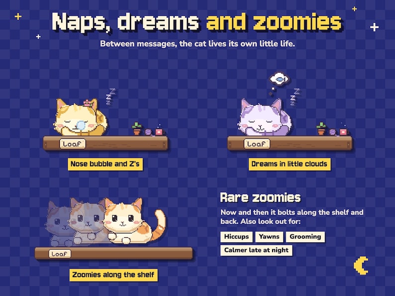 Może przedstawiać: Grafika pixel art zatytułowana Naps, dreams and zoomies przedstawiająca koty na p&oacute;łkach. Widać koty śpiące z literami Z, śniące o rybach i poruszające się po p&oacute;łce. Tekst zawiera Loaf, Rare zoomies, Hiccups, Yawns, Grooming oraz Calmer late at night.
