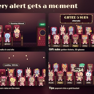 Every Seatlings alert gets a moment: Snowdrop's follow walks in and sits, ottercake's 5 gifted subs toss golden tickets and 3D glasses, pudding's 1000 bits rain popcorn on the rows, and maple's $5 tip fires popcorn into a gold bucket.