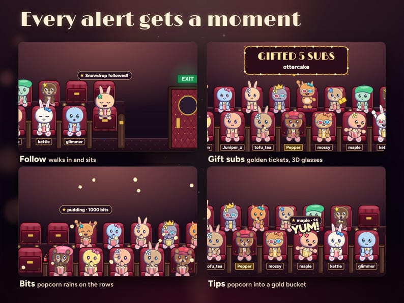 Every Seatlings alert gets a moment: Snowdrop's follow walks in and sits, ottercake's 5 gifted subs toss golden tickets and 3D glasses, pudding's 1000 bits rain popcorn on the rows, and maple's $5 tip fires popcorn into a gold bucket.