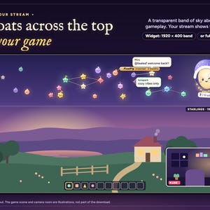 Starlings twitch chat overlay as a transparent band of sky across the top of an example cozy game stream (the stream scene is an illustration).