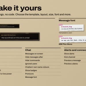 Chorus settings card: a Gilt chat message at Size 0.75 and Size 1.5, a Paper note in its own font and in IBM Plex Mono, and a ruled list of all 19 no-code settings grouped as Look, Chat, and Alerts and connections.