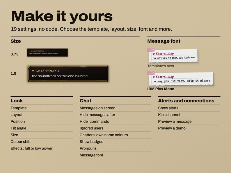 Chorus settings card: a Gilt chat message at Size 0.75 and Size 1.5, a Paper note in its own font and in IBM Plex Mono, and a ruled list of all 19 no-code settings grouped as Look, Chat, and Alerts and connections.