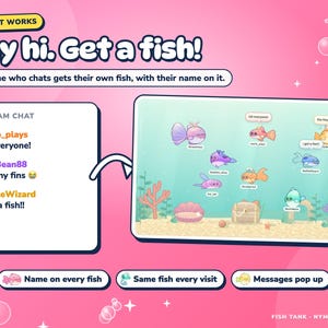 Stream chat messages next to the Fish Tank aquarium, where each chatter's named fish shows their message in a speech bubble.
