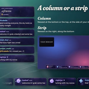 Moonglass as a vertical column at the side of the stream or a horizontal strip along the bottom, shown in a 1080p frame beside a YOUR WEBCAM box.