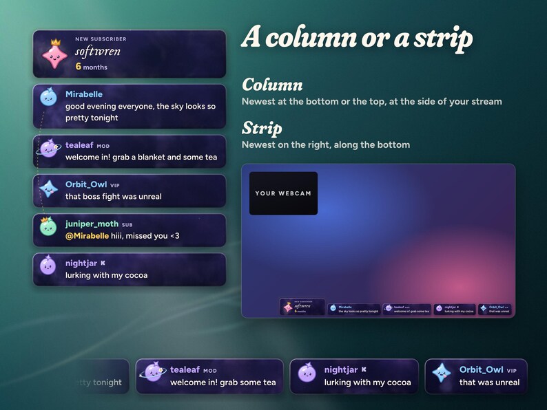 Moonglass as a vertical column at the side of the stream or a horizontal strip along the bottom, shown in a 1080p frame beside a YOUR WEBCAM box.