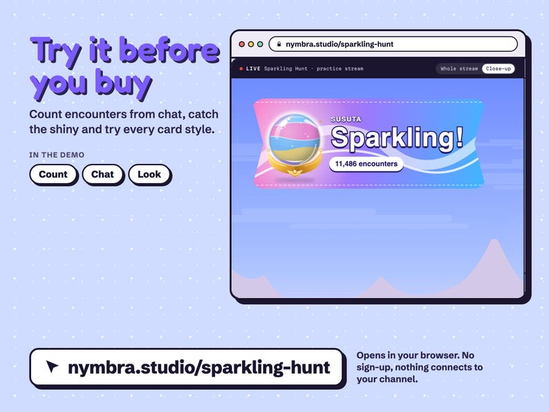Sparkling Hunt Counter live demo at nymbra.studio/sparkling-hunt, the hunt counter celebrating a catch