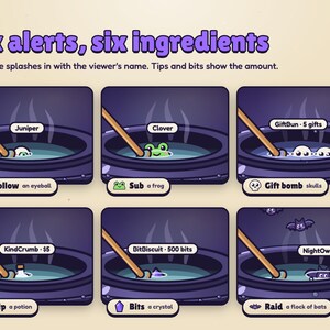 Brewhaha twitch goal overlay: six alerts and their ingredients, an eyeball for a follow, a frog for a sub, skulls for a gift bomb, a potion for a tip, a crystal for bits and bats for a raid, each with the viewer's name.
