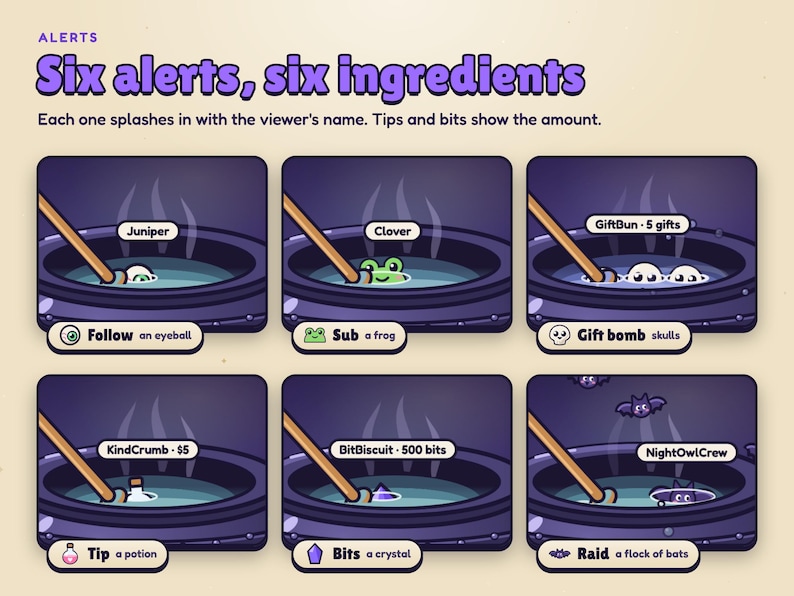 Brewhaha twitch goal overlay: six alerts and their ingredients, an eyeball for a follow, a frog for a sub, skulls for a gift bomb, a potion for a tip, a crystal for bits and bats for a raid, each with the viewer's name.