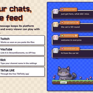 Może przedstawiać: Cyfrowy interfejs zatytułowany Four chats, one feed, przedstawiający cztery logotypy platform: Twitch, YouTube, Kick i TikTok LIVE. Po prawej stronie okno czatu pokazuje wiadomości użytkownik&oacute;w, a pikselowy szary kot siedzi na trawniku z napisem Loaf.