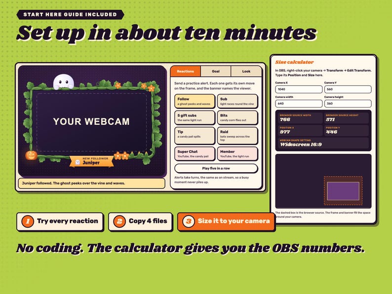 Halloween reactive webcam overlay. The START HERE guide: the practice frame with alert buttons and the OBS size calculator.