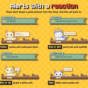 Może przedstawiać: Cyfrowa nakładka w stylu pixel art z tekstem Alerts with a reaction. Przedstawia cztery interaktywne animacje kot&oacute;w na brązowych p&oacute;łkach z etykietami Follow, Sub or gift, Bits or tip oraz Raid, każda z unikalnymi akcjami i dymkami.