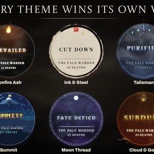 Boss victories in six themes, each naming The Pale Warden and 23 deaths: Prevailed in Bonfire Ash, Cut Down in Ink & Steel, Purified in Talisman, Summit!, Fate Defied in Moon Thread, Subdued in Cloud & Gold.