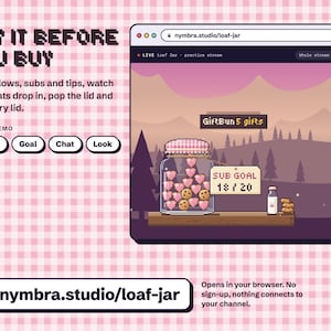 Loaf Jar live demo at nymbra.studio/loaf-jar, the cookie jar goal filling on a practice stream