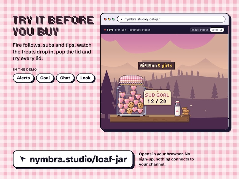 Loaf Jar live demo at nymbra.studio/loaf-jar, the cookie jar goal filling on a practice stream