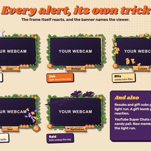 Halloween reactive webcam overlay. Five alert reactions on the frame: ghost for a follow, light run for a sub, candy corn for bits, candy pail for a tip and bats for a raid.