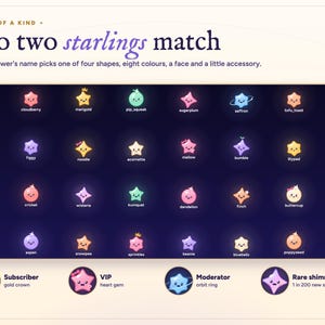 Starlings twitch chat overlay: a wall of 24 viewer stars in different shapes, colours and faces, with the sub crown, VIP heart and moderator ring.