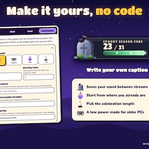 The settings panel in the guide and a counter with a custom caption, with progress saved between streams.