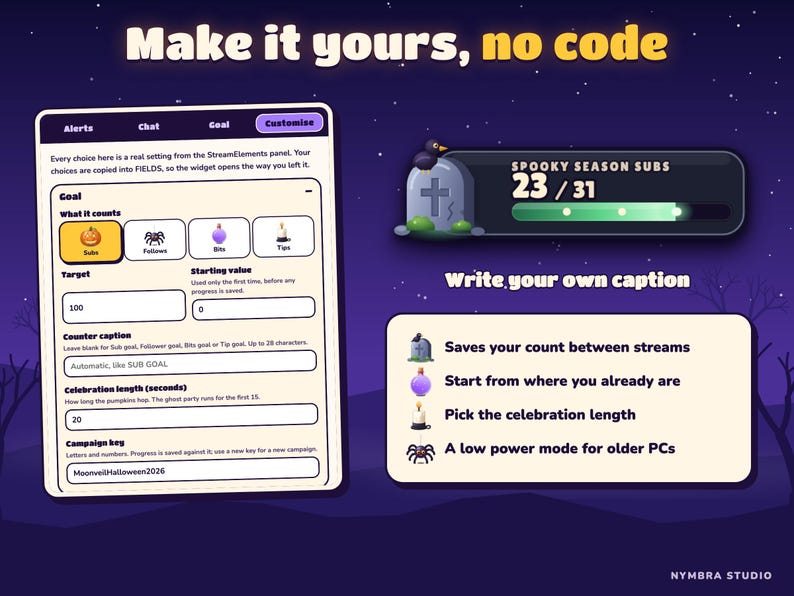 The settings panel in the guide and a counter with a custom caption, with progress saved between streams.