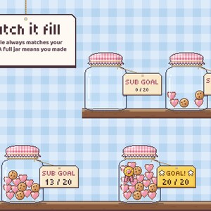 Loaf Jar sub goal widget at 0, 5, 13 and 20 of 20: the pile of cookies rises with the goal until the tag turns golden.