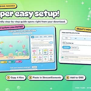 The included START HERE setup guide with a practice tank and three easy steps: copy four files, paste into StreamElements, add to OBS.