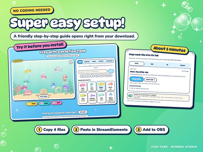 The included START HERE setup guide with a practice tank and three easy steps: copy four files, paste into StreamElements, add to OBS.