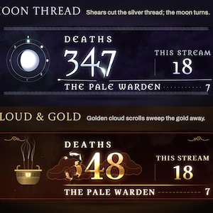 Moon Thread and Cloud & Gold banners mid-death: the number breaking into moonlight beside a moon-phase dial, and golden cloud scrolls over the gold number on red lacquer.