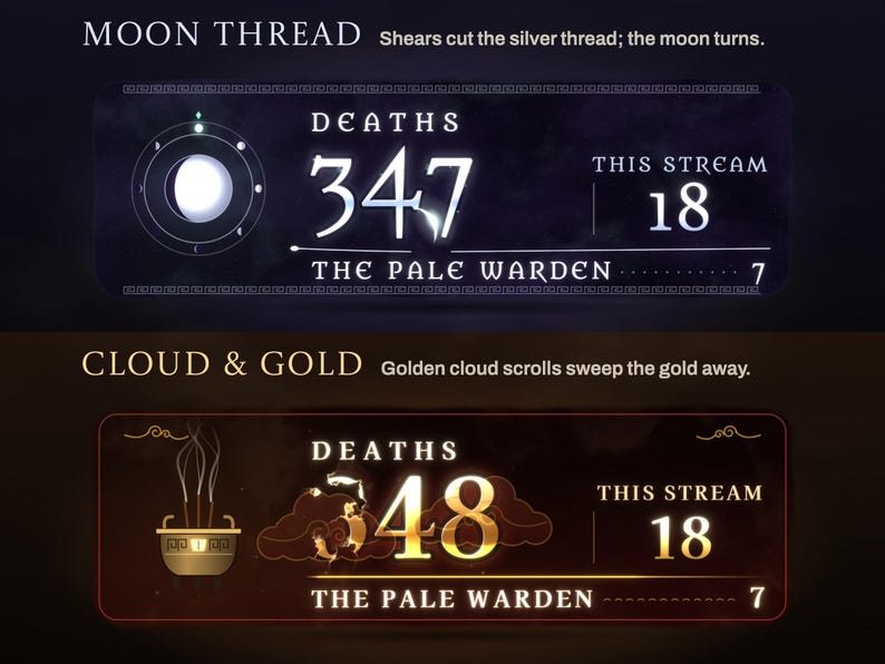 Moon Thread and Cloud & Gold banners mid-death: the number breaking into moonlight beside a moon-phase dial, and golden cloud scrolls over the gold number on red lacquer.