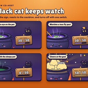Brewhaha's black cat on the goal sign: watching the pot, watching a frog drop in, napping next to a sleepy empty cauldron, and cheering at the goal.