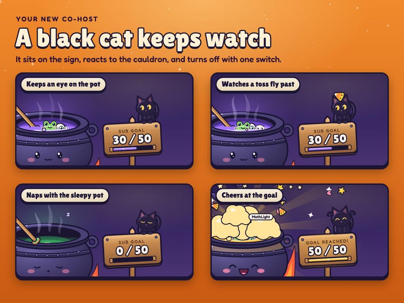 Brewhaha's black cat on the goal sign: watching the pot, watching a frog drop in, napping next to a sleepy empty cauldron, and cheering at the goal.