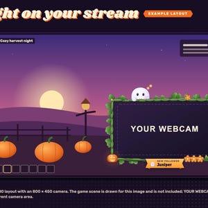 Halloween reactive webcam overlay on an example 1920 by 1080 stream layout, over a drawn dusk pumpkin-field game scene.