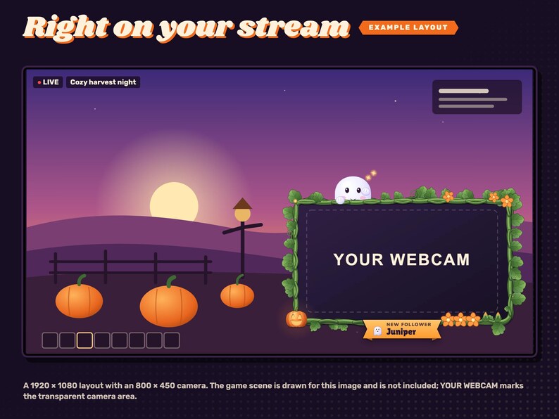 Halloween reactive webcam overlay on an example 1920 by 1080 stream layout, over a drawn dusk pumpkin-field game scene.