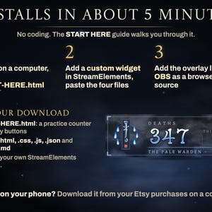 Installs in about 5 minutes with no coding: open START-HERE.html, add a custom widget in StreamElements and paste the four files, add the overlay link to OBS. The ZIP holds the guide, widget files and SETUP.md.