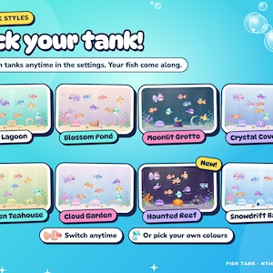 The eight included Fish Tank tank styles, from Pearl Lagoon to the new Haunted Reef and Snowdrift Bay.