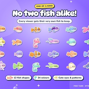 A colourful wall of 24 example Fish Tank fish in different shapes, colours, eyes and markings.