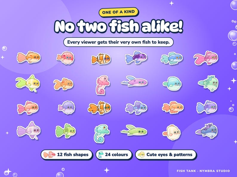 A colourful wall of 24 example Fish Tank fish in different shapes, colours, eyes and markings.