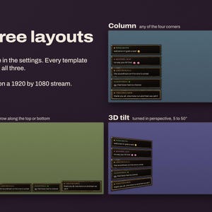 The Chorus chat as a column in a corner, a strip along the bottom edge and a column tilted in 3D, each on a 1920 by 1080 stream.