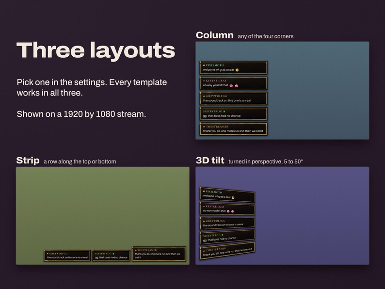 The Chorus chat as a column in a corner, a strip along the bottom edge and a column tilted in 3D, each on a 1920 by 1080 stream.