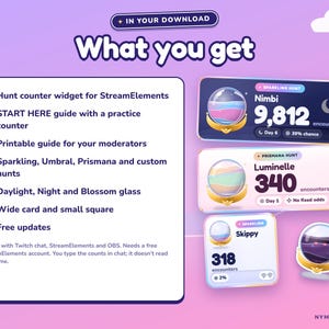 May include: A digital hunt counter widget set for StreamElements featuring crystal ball graphics. Includes a list of features like a start guide, moderator guide, various hunt types, glass styles, and card formats. Text includes What you get and Nymbra Studio.