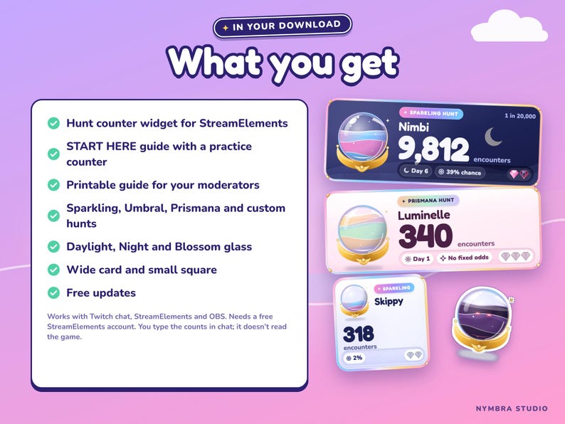 May include: A digital hunt counter widget set for StreamElements featuring crystal ball graphics. Includes a list of features like a start guide, moderator guide, various hunt types, glass styles, and card formats. Text includes What you get and Nymbra Studio.